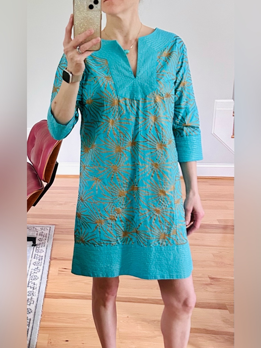 Gretchen Scott Designs Turquoise Tunic Dress with Gold Sunburst Floral Print